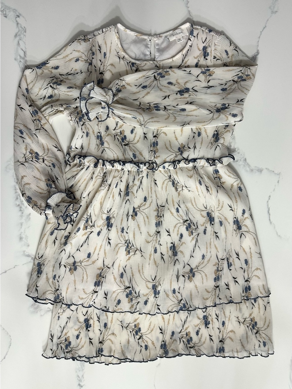 Böhme Cream Floral Long-Sleeve Ruffle Tiered Dress with Blue Accents XS